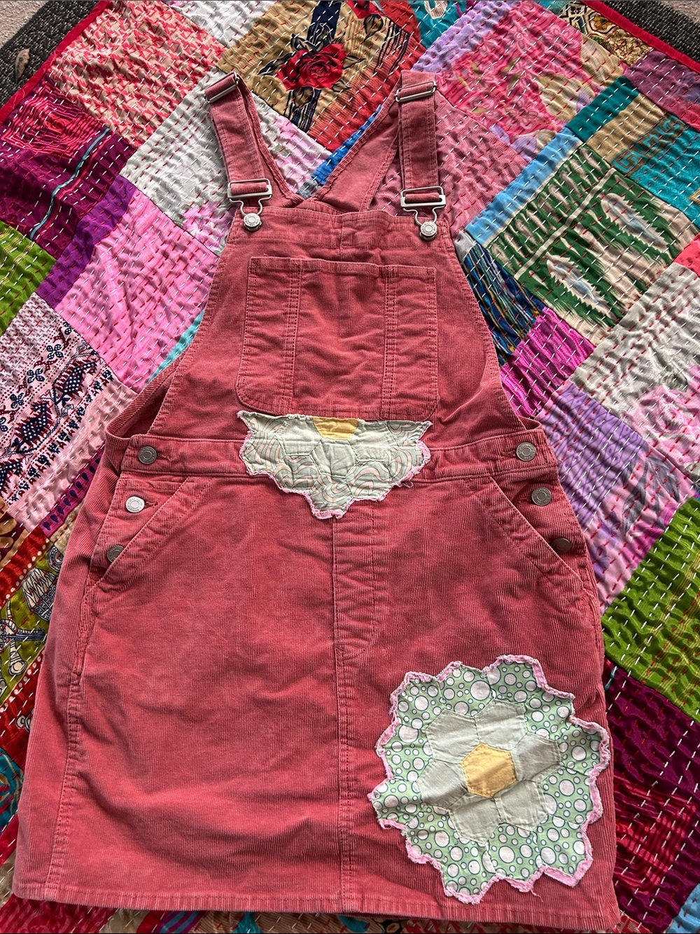 Dandelion Caravan Dusty Rose Corduroy Overall Dress with Floral Appliqués